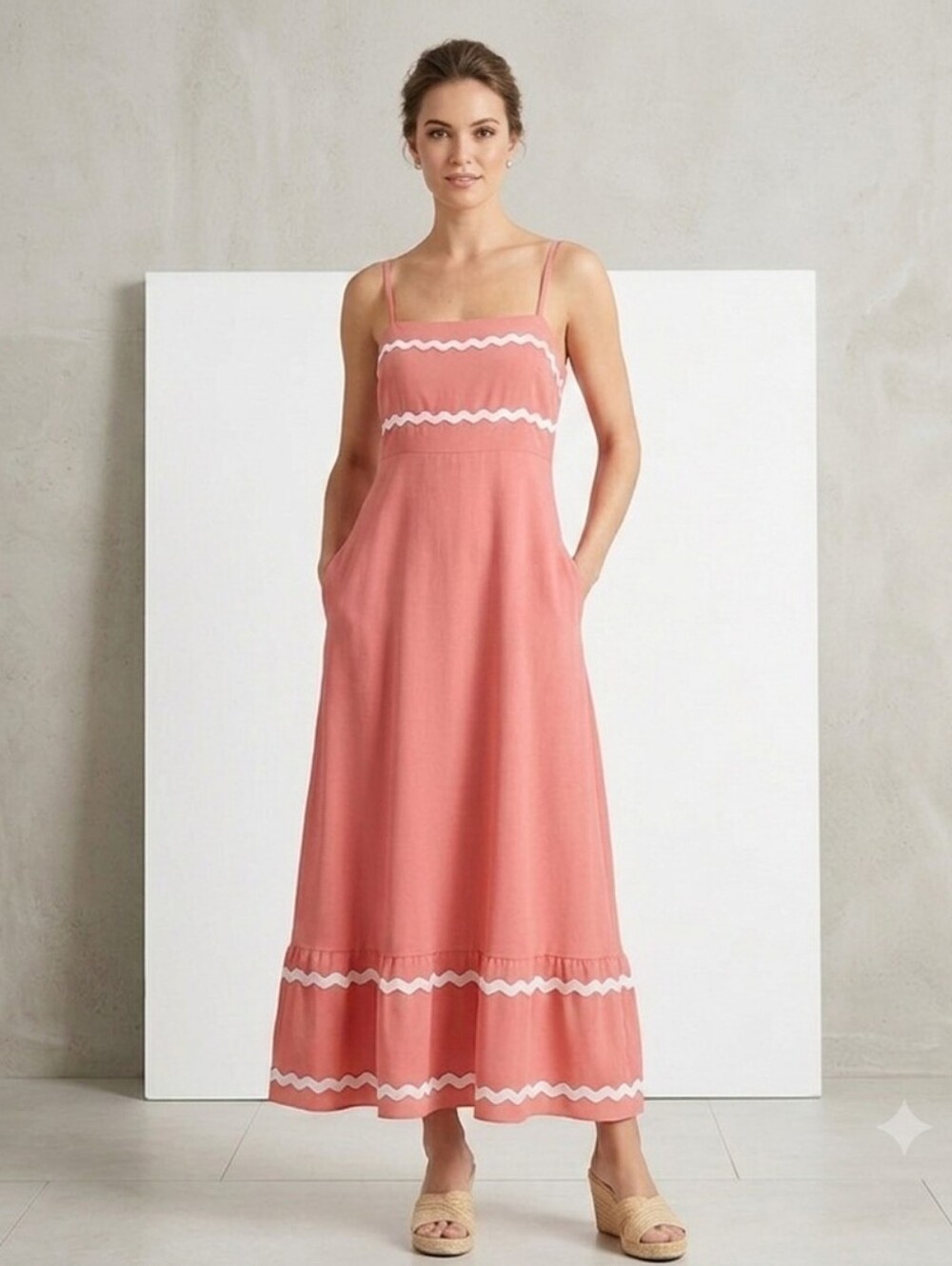 Coral Spaghetti-Strap Maxi Dress with White Zigzag‎ Trim
